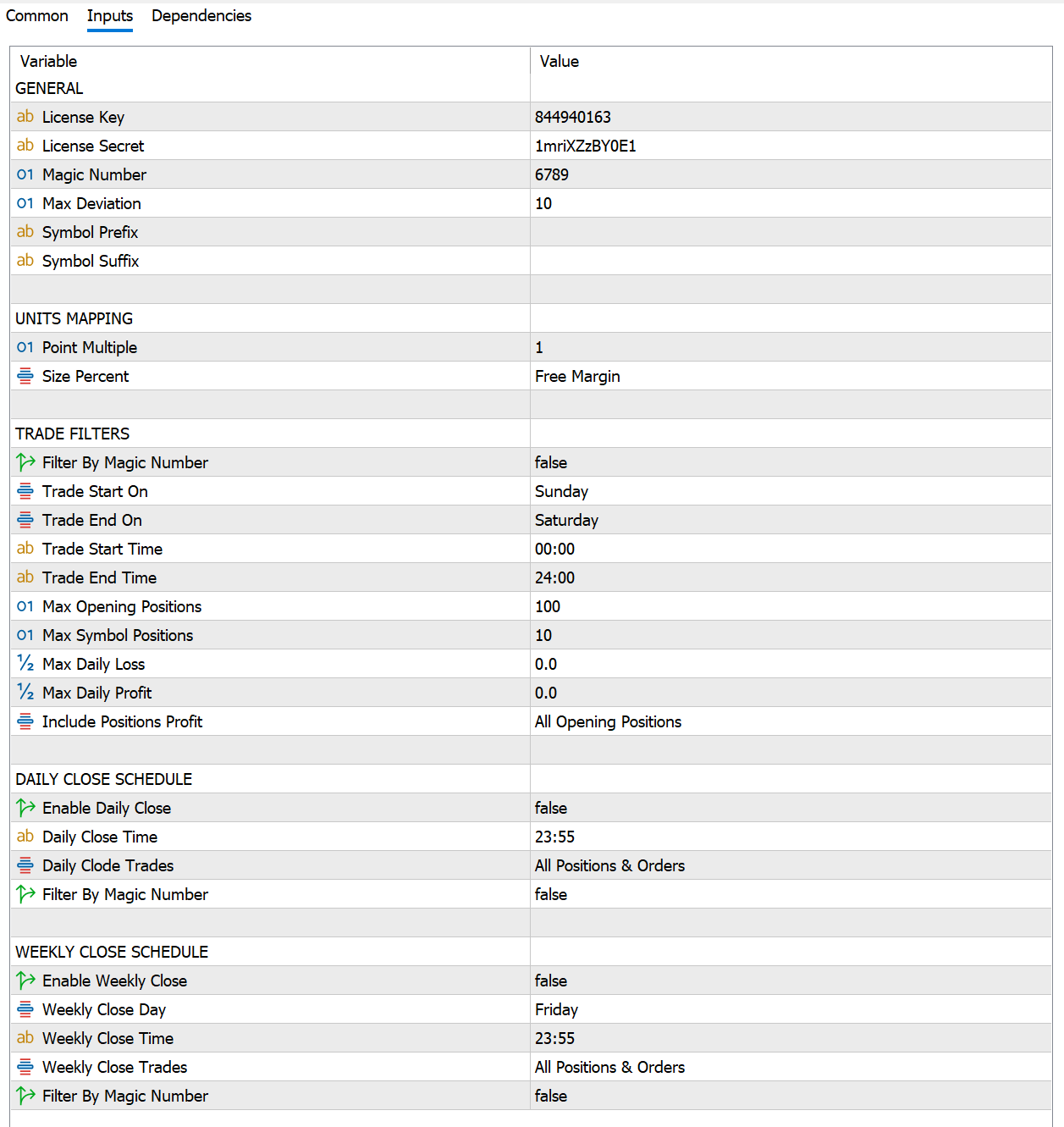 Trade Sender Connector Inputs