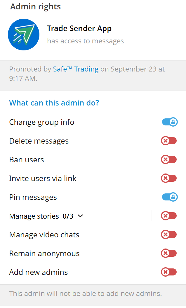 Trade Sender Bot Telegram - Permissions